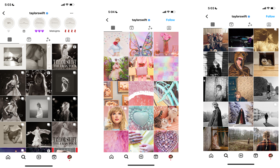 Screenshots show three different aesthetics through Taylor Swift’s eras, as seen on her Instagram feed. One is moody, one is pink and one is cozy