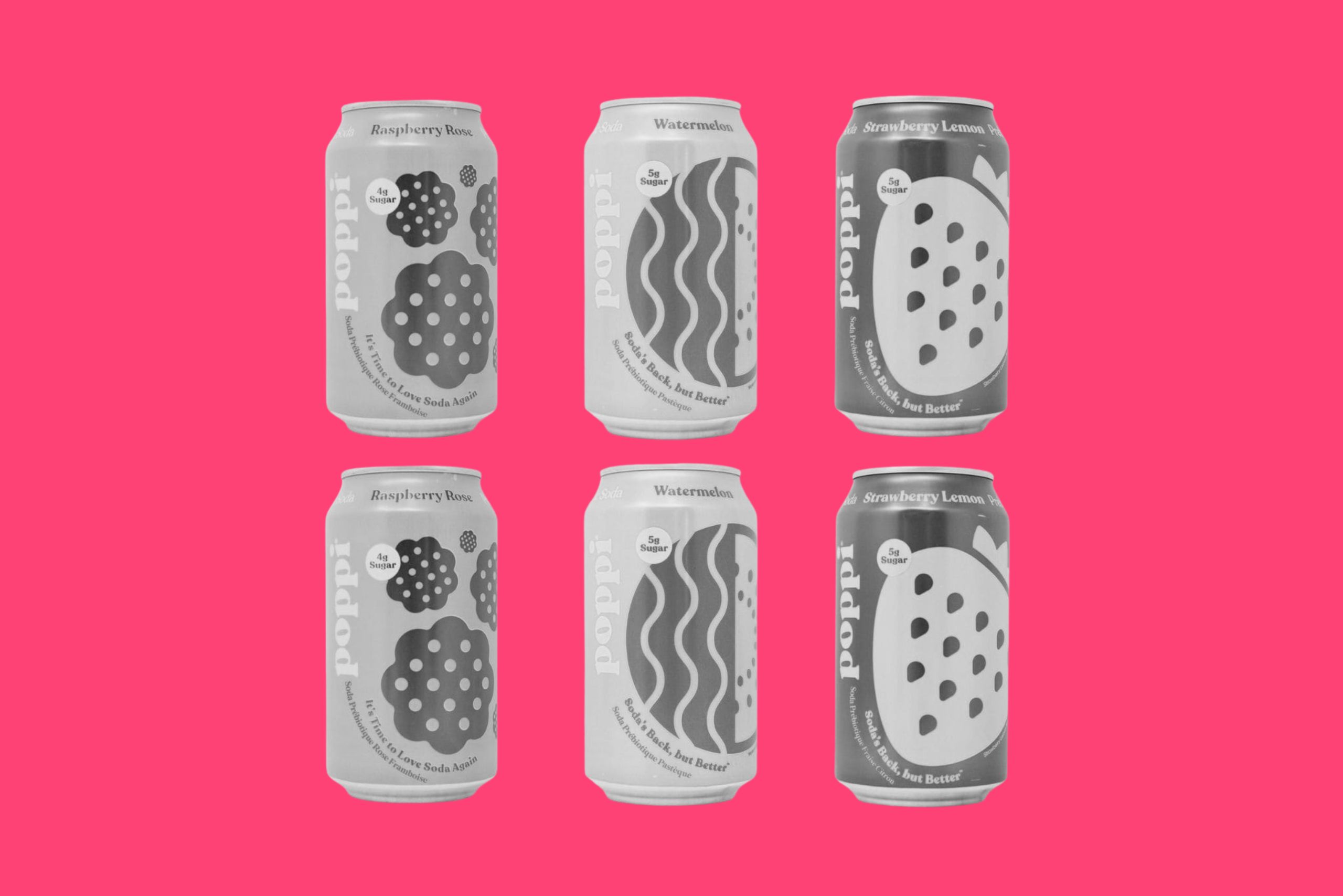 Six Poppi soda cans displayed against a bright pink background.